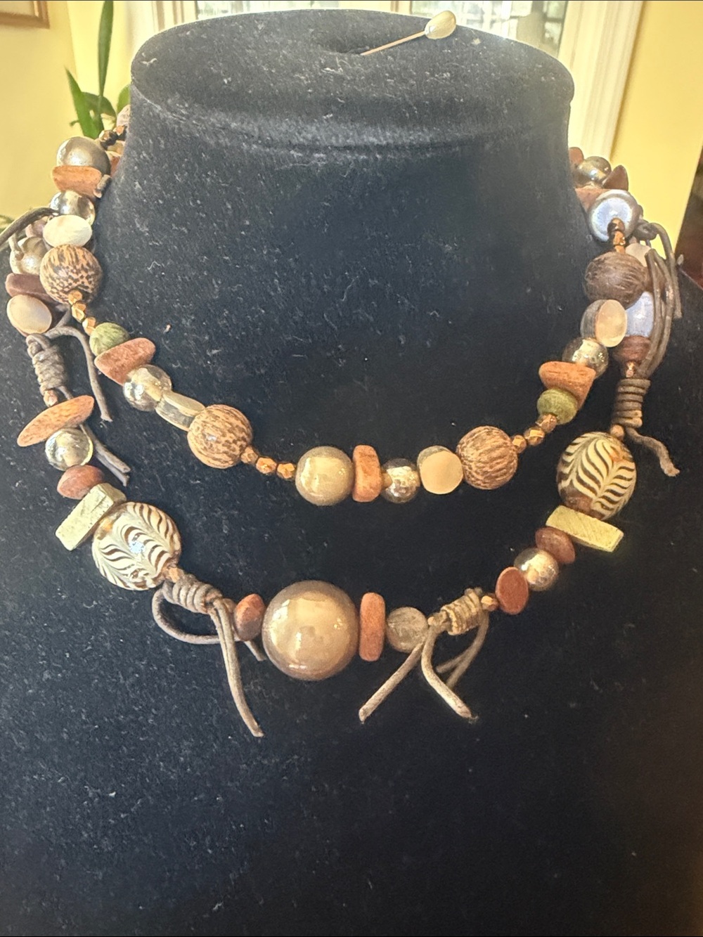 Chico’s Boho Natural Wood and Bead Layered Necklace - Brown